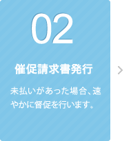 02 催促請求書発行 未払いがあった場合、速やかに督促を行います。